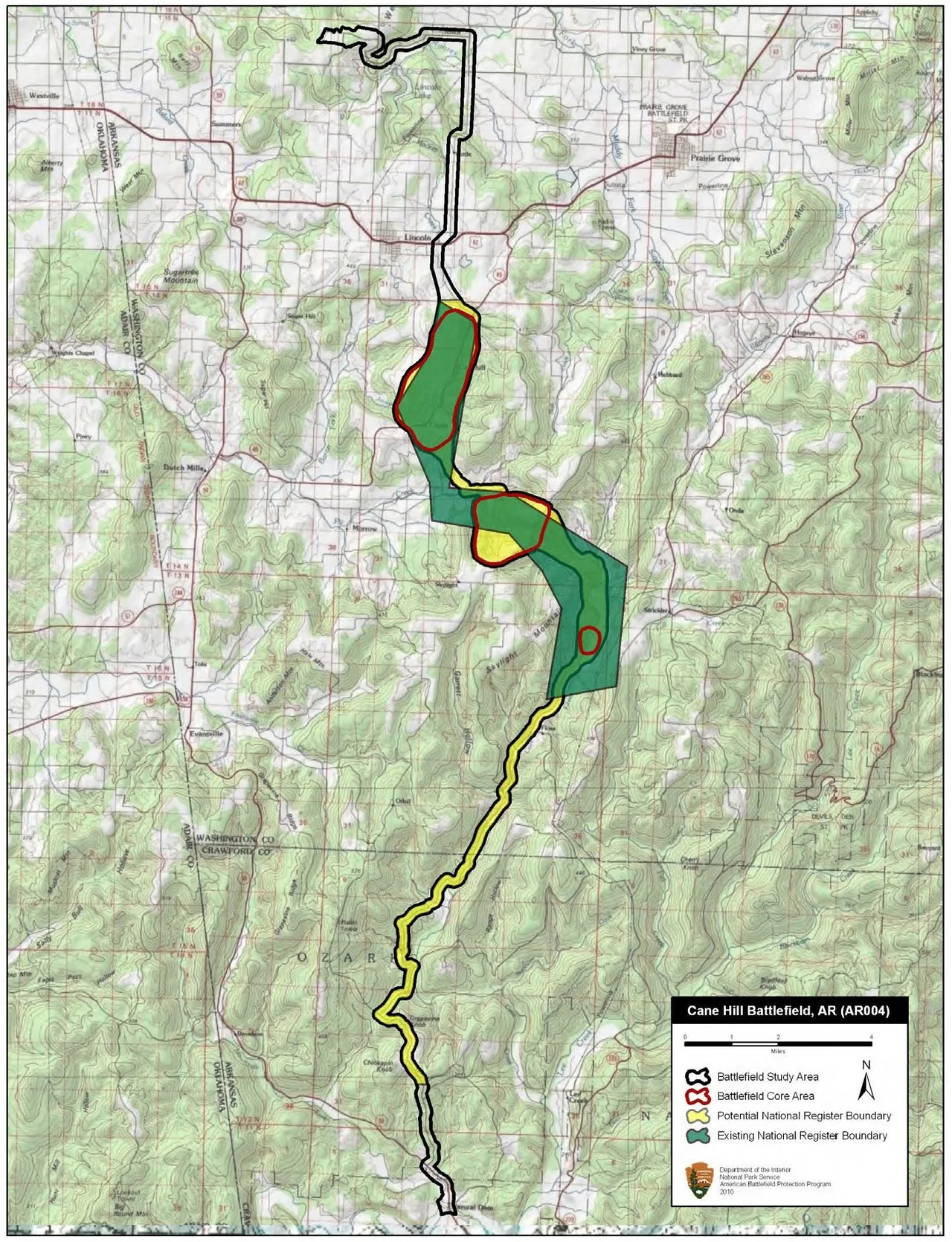 Map of battlefield core and study areas.
The Study Area includes the starting point of the Federal probing movement south toward Cane Hill, the starting point (Lee Creek camp) of the Confederate probing movement north toward Cane Hill, and the three engagement areas at Cane Hill, Fly Creek Valley, and Cove Creek.
The Cane Hill Core Area was revised to include more positions of Federal artillery. The Cove Creek Core Area was added to illustrate the location of the Confederate ambush that decided the outcome of the battle.
