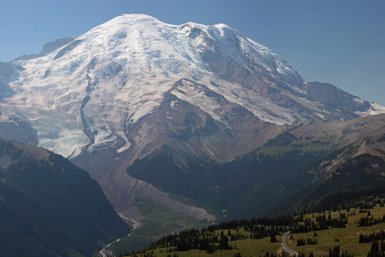 Mount Rainier (14,411 ft, 4392 m); Steamboat Prow (9720+ ft, 2963+ m, right of center); Emmons Glacier (left); Winthop Glacier (right of Steamboat Prow); Curtis Ridge (behind Winthop Glacier); stitched panorama; please see "Other versions" for source images. This image was created with Hugin.
Viewpoint location: Dege Peak Spur Trail, Mount Rainier National Park
Viewpoint elevation: 2117 meter (6945 ft)
View direction: 244°
Location source: Garmin GPSmap 60CSx
Location Datum: WGS84