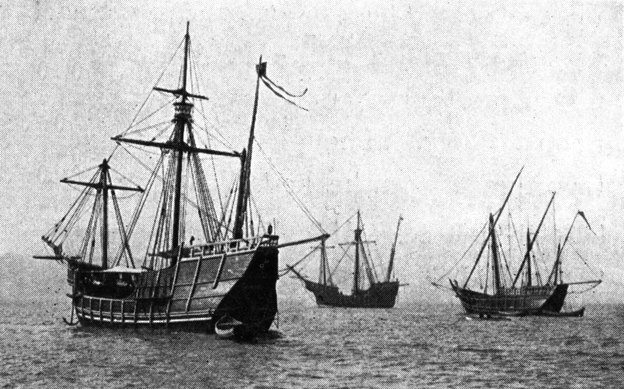Replicas of the Caravels Pinta, Niña and the carrack Santa Maria. Lying in the North River, New York. The two caravels and the carrack which crossed from Spain to be present at the World's Fair at Chicago.