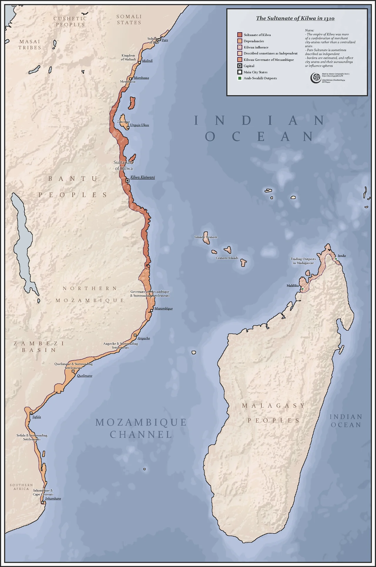 A map depicting the sultanate of Kilwa in the year 1310
Main Source: "Al-'Omaniyyun wal jihad al islami fi sharq afriqia"
and many other sources and resources used