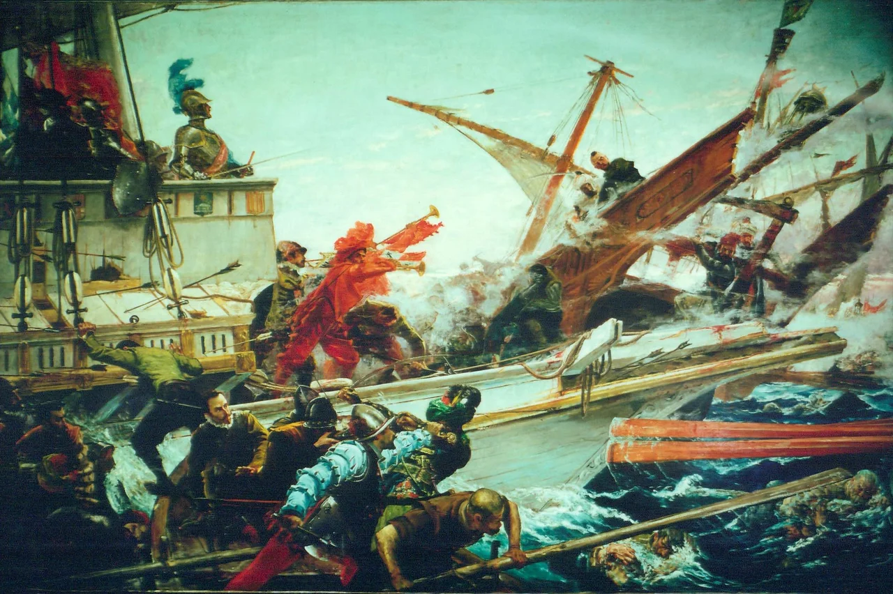 El lienzo representa la batalla de Lepanto, que se libró el día 7 de octubre de 1571 en el golfo de Lepanto frente a la ciudad de Naupacto (o Lepanto, del italiano y ahí al español), situado entre el Peloponeso y Epiro, en la Grecia continental.
Se enfrentaron en ella los turcos otomanos contra una coalición cristiana, llamada Liga Santa, formada por el Reino de España, los Estados Pontificios, la República de Venecia, la Orden de Malta, la República de Génova y el Ducado de Saboya. Los cristianos resultaron vencedores, salvándose sólo 30 galeras turcas. Se frenó así el expansionismo turco por el Mediterráneo occidental. En esta batalla participó Miguel de Cervantes, que resultó herido, sufriendo la pérdida de movilidad de su mano izquierda, lo que valió el sobrenombre de «manco de Lepanto». Este escritor, que estaba muy orgulloso de haber combatido allí, la calificó como «la más memorable y alta ocasión que vieron los pasados siglos, ni esperan ver los venideros».