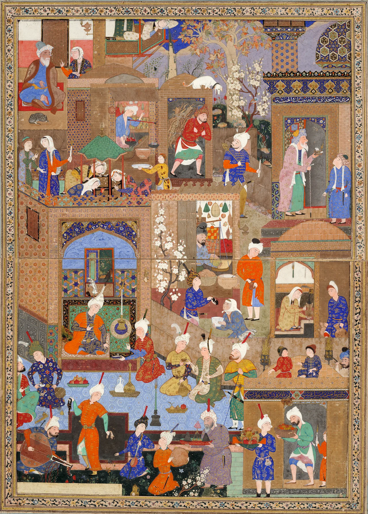 Architectural spaces of Nighttime in a Palace painting
Architectural structure of the government space in the painting of Nighttime in a Palace
Nighttime in a City. Circa 1540, Tabriz (Sackler Museum, 1958.76)
Likely schematic depiction of the Sahebabad” historical area of Tabriz, with the Uzun Hasan Mosque (top right) (2016). "Recognizing the Architectural Form of " Ghazan's Tomb " in " Abvab-Albar " collection of " Ghazaniyeh " and its Role in Iranian Urbanization Development". Bagh-e Nazr 13 (42).
Part of Shah Tahmasp's Shahnameh. "The miniature painting "Nighttime in a Palace" is one of the paintings of Shahname-ye Shah Tahmasbi, which was drawn during the time of Shahname-ye Shah Tahmasbi I in the city of Tabriz"(10 May 2023). "Architectural and Spatial Design studies of Sahibabad, Tabriz, Iran in the Persian Miniature Painting "Nighttime in a Palace"". JACO Journal of Art and Civilization of the Orient Quarterly (38): 67. DOI:10.22034/JACO.2022.366374.1270.